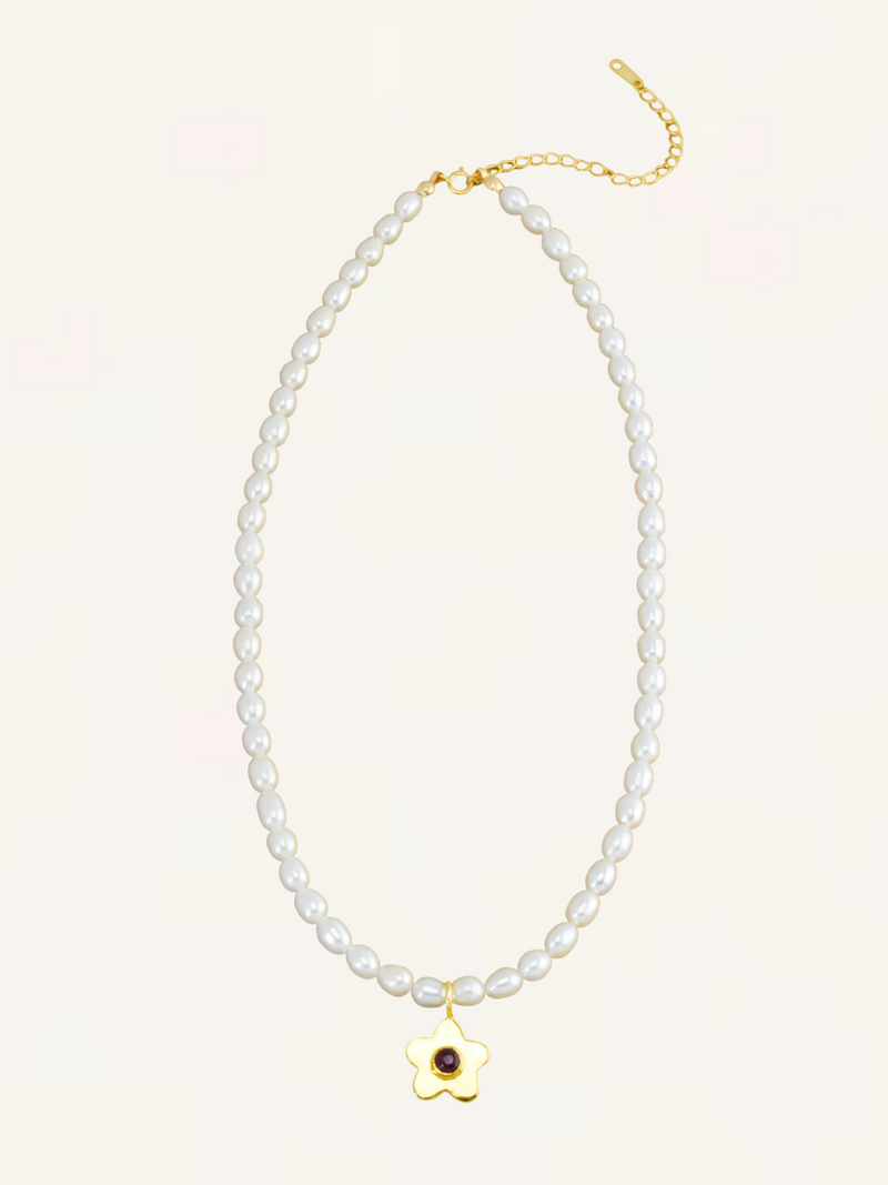 Daisy Gemstone Necklace - Ruby & Pearl