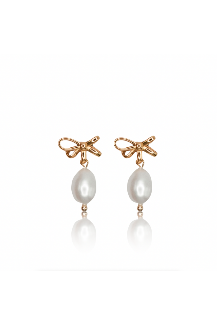 Bow Drop Pearl Earrings - Gold