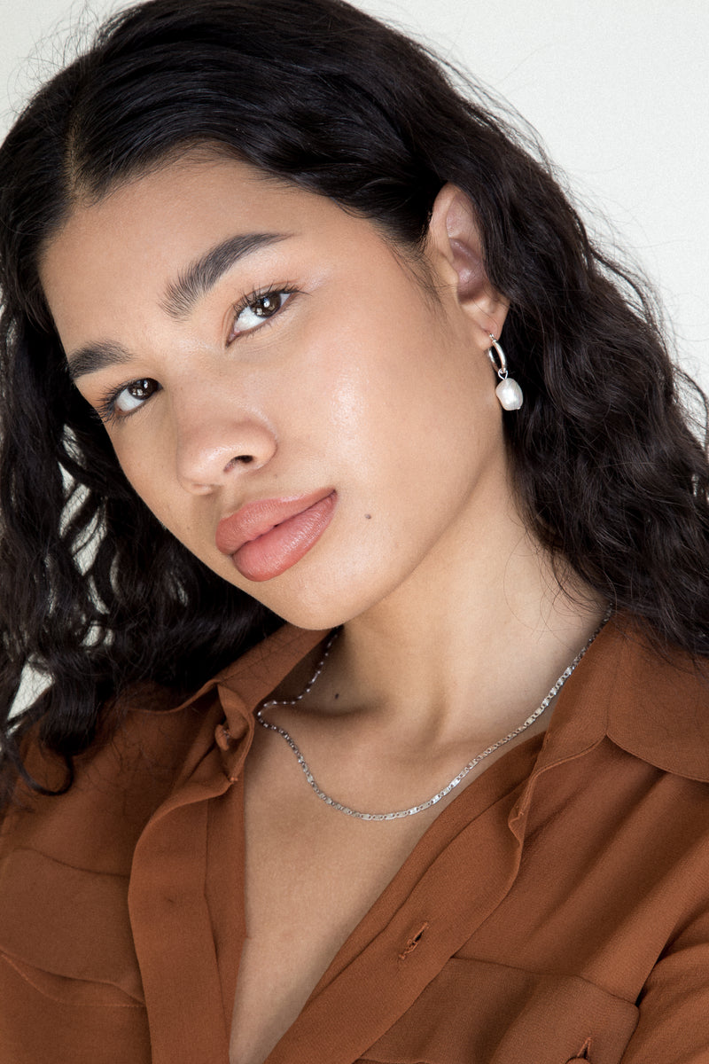 White Pearl Hoops - Silver
