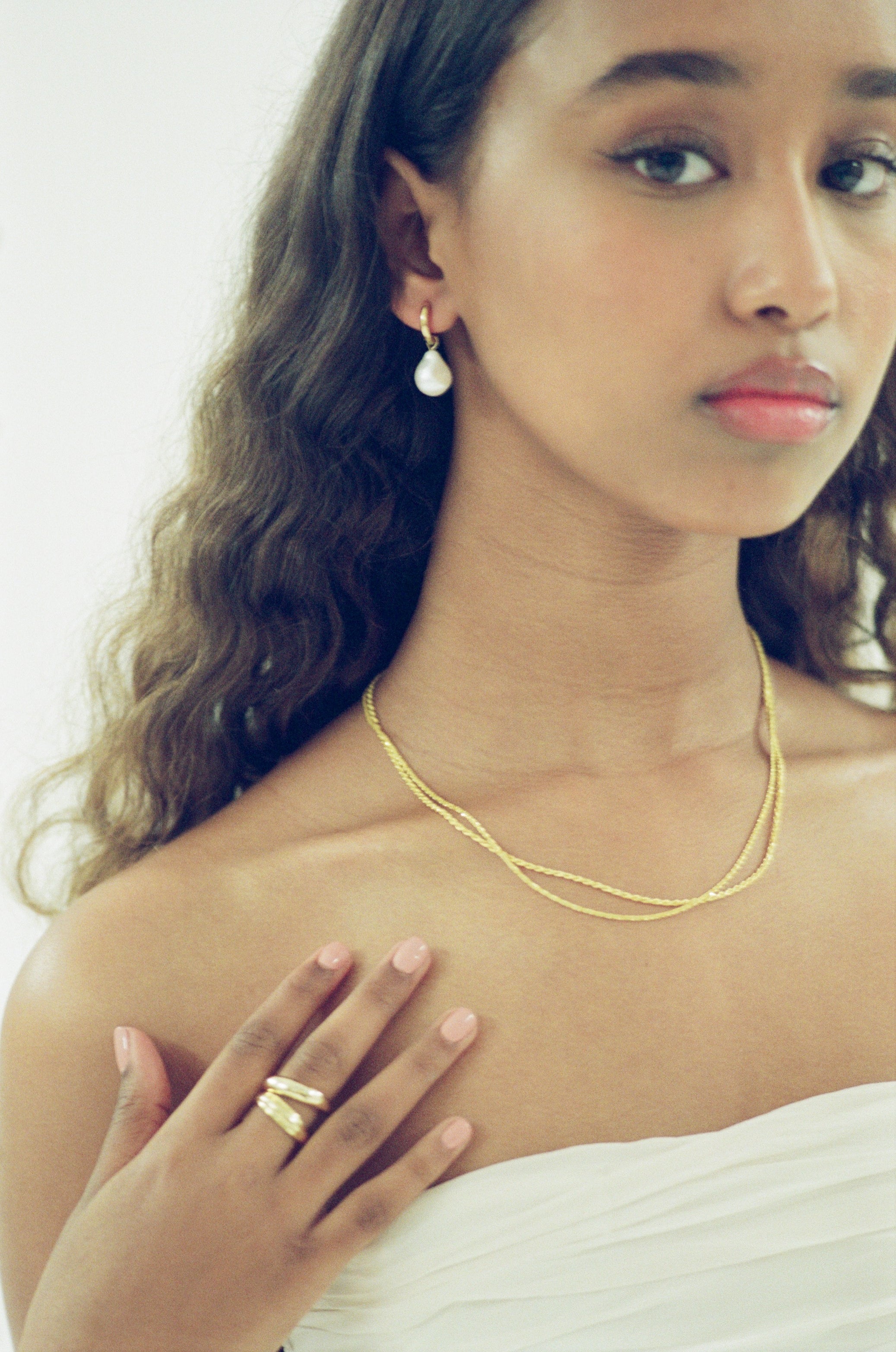 White Pearl Hoops - Gold